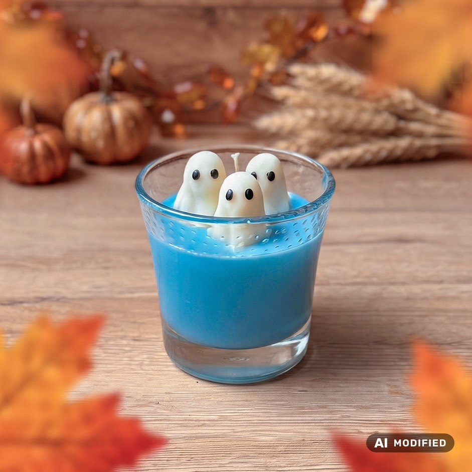 Kerze mit 3 Geister in blaue Grund auf dem Herbsttisch