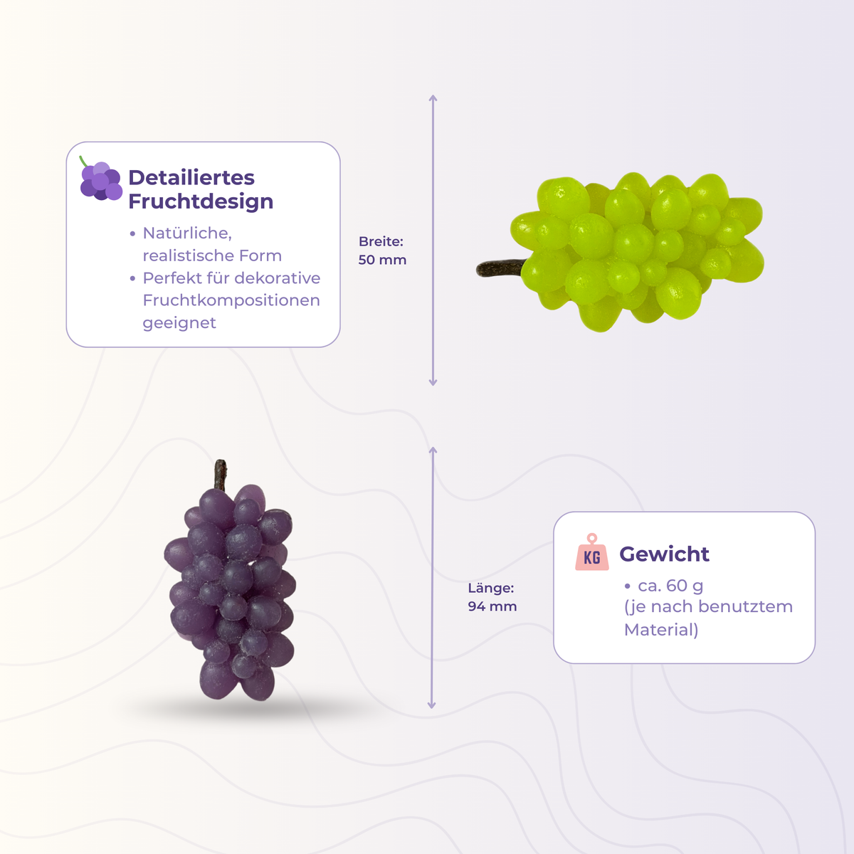 Trauben aus der 2D-Silikonform – Maße und Gewicht des Gießlings