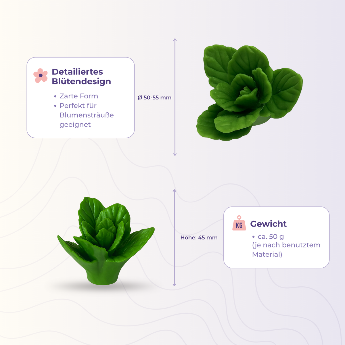 Minzblätter aus der 3D-Silikonform – Maße und Gewicht des Gießlings