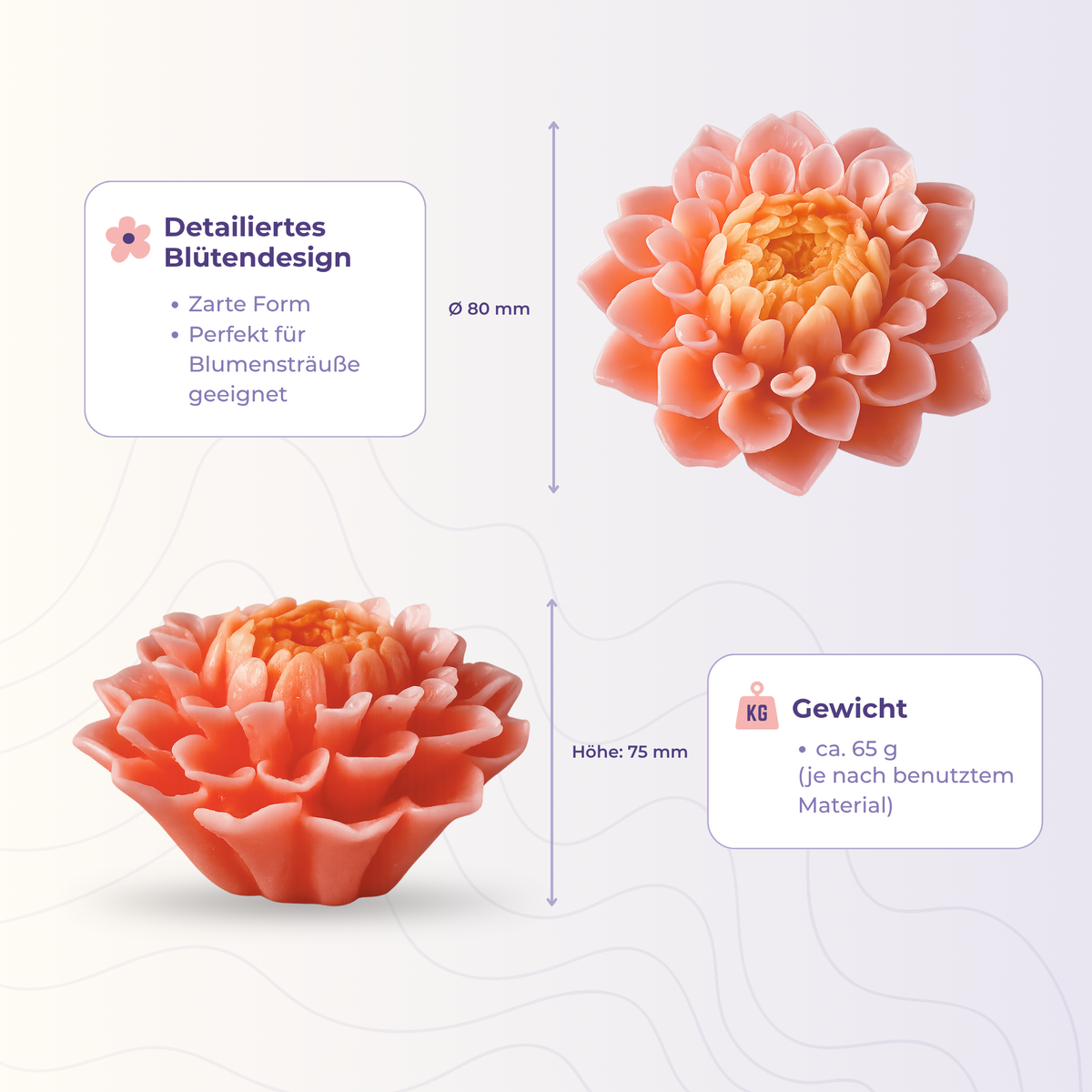 Blume 1 aus der 3D-Silikonform – Maße und Gewicht des Gießlings