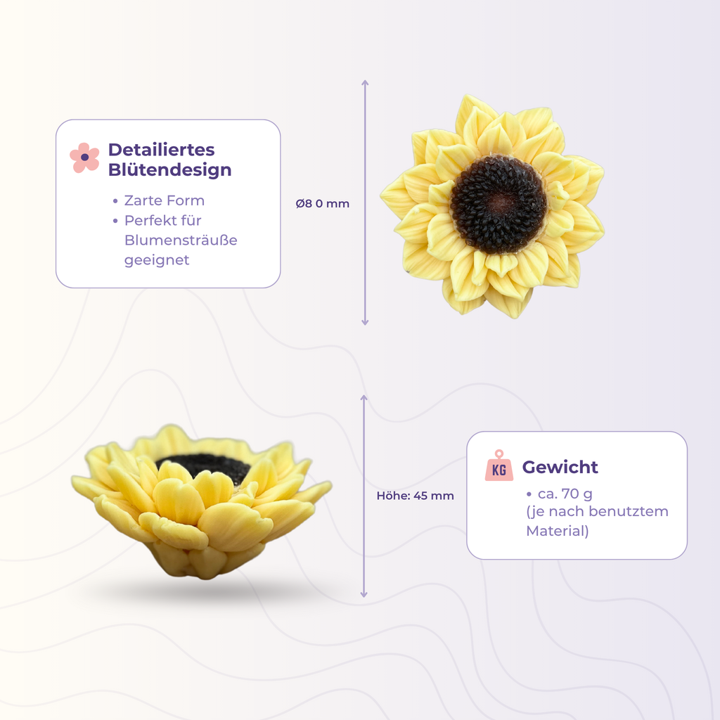 Sonnenblume 2g aus der 3D-Silikonform – Maße und Gewicht
