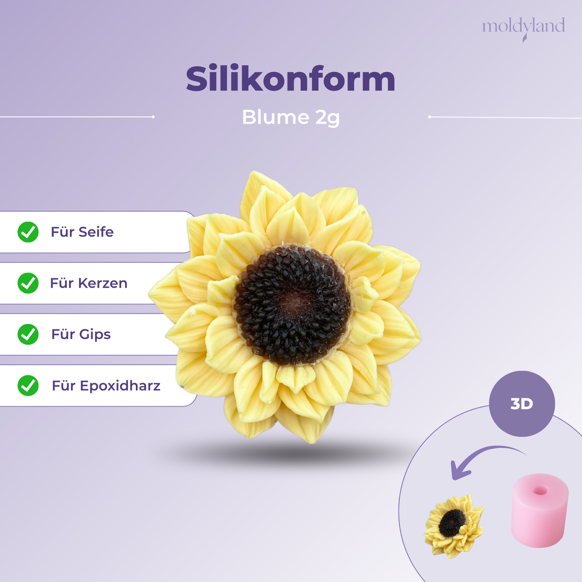 3D-Silikonform Sonnenblume 2g – Gießform für Seife, Kerzen, Gips und Harz
