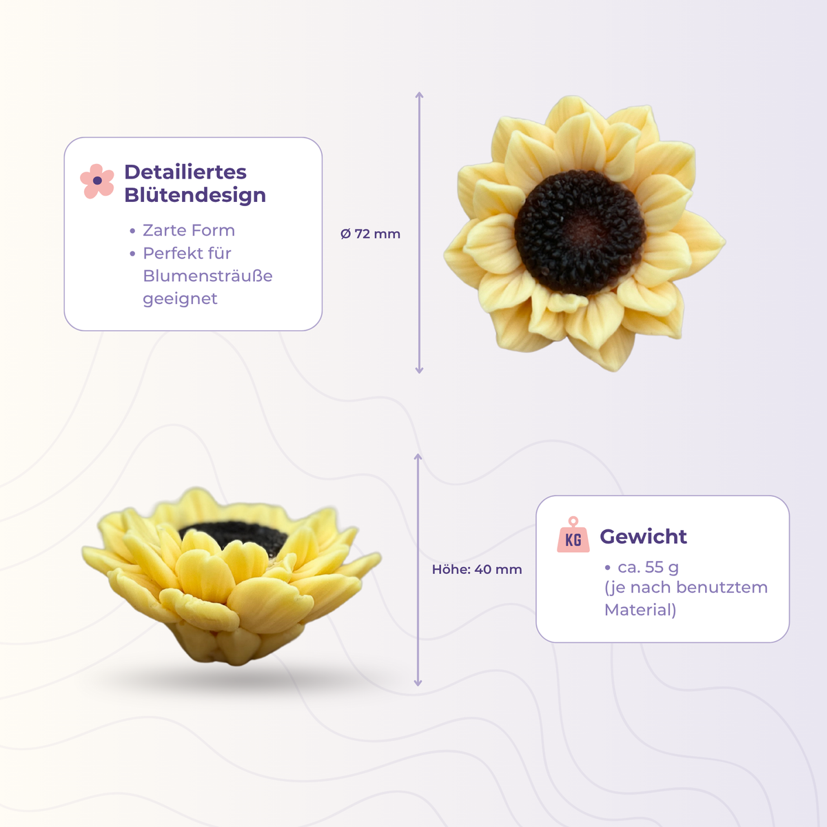 Sonnenblume 2m aus der 3D-Silikonform – Maße und Gewicht