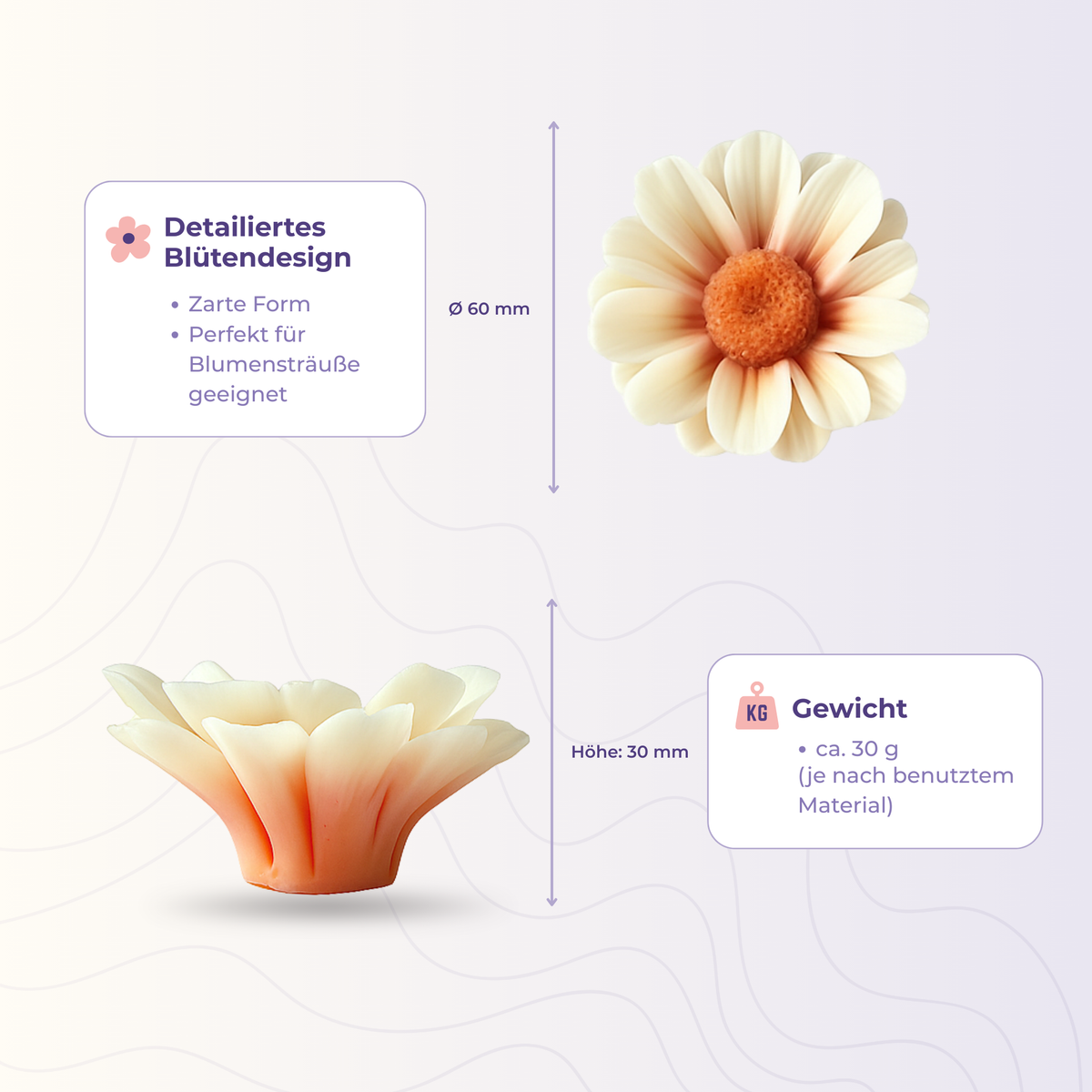Kamillenblüte 30 aus der 3D-Silikonform – Maße und Gewicht des Gießlings