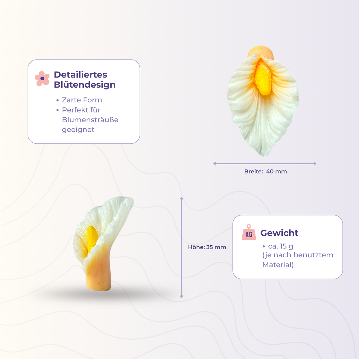 Calla-Blüte 38 aus der 3D-Silikonform – Maße und Gewicht des Gießlings