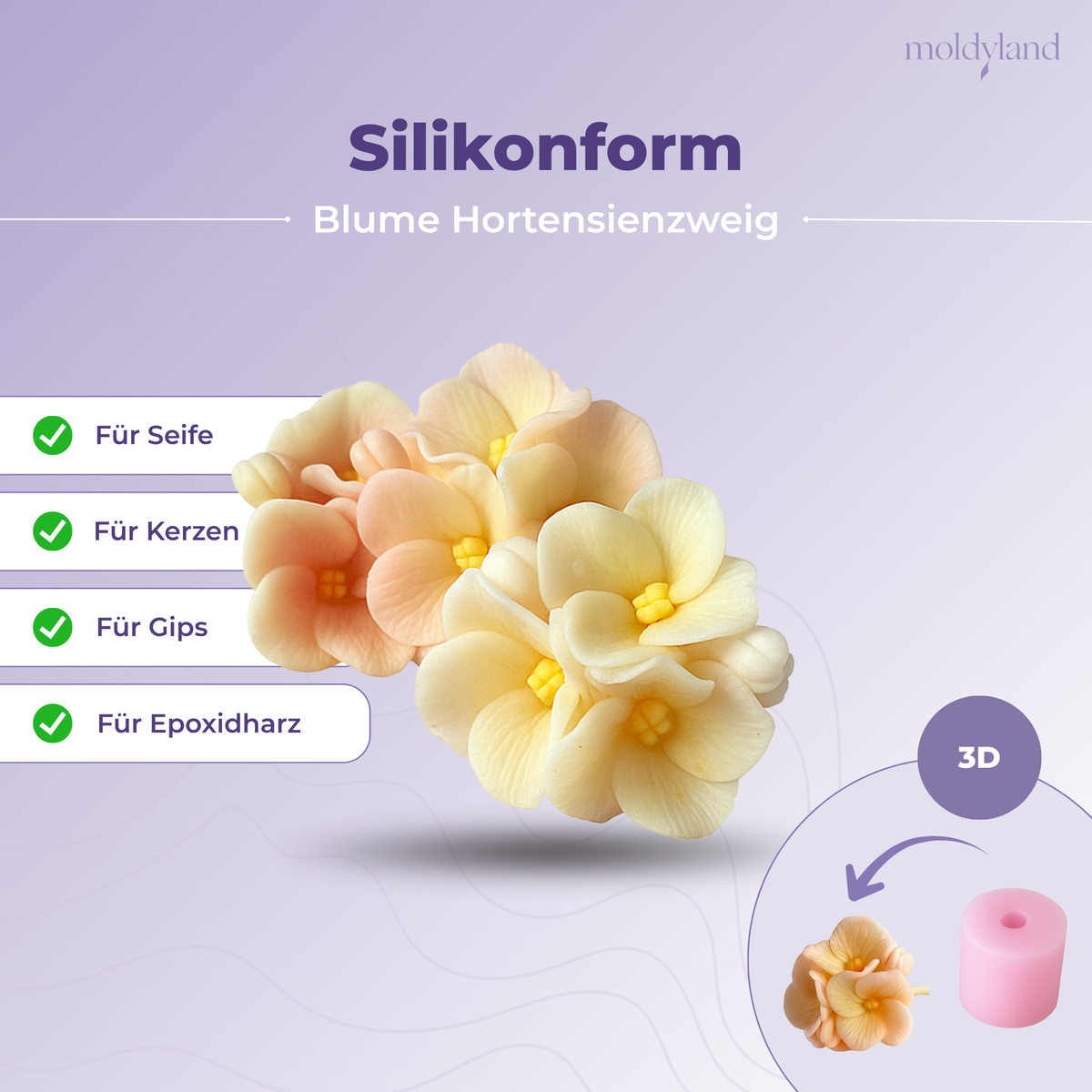 3D-Silikonform Hortensienzweig 47 – Gießform für Seife, Kerzen, Gips und Harz