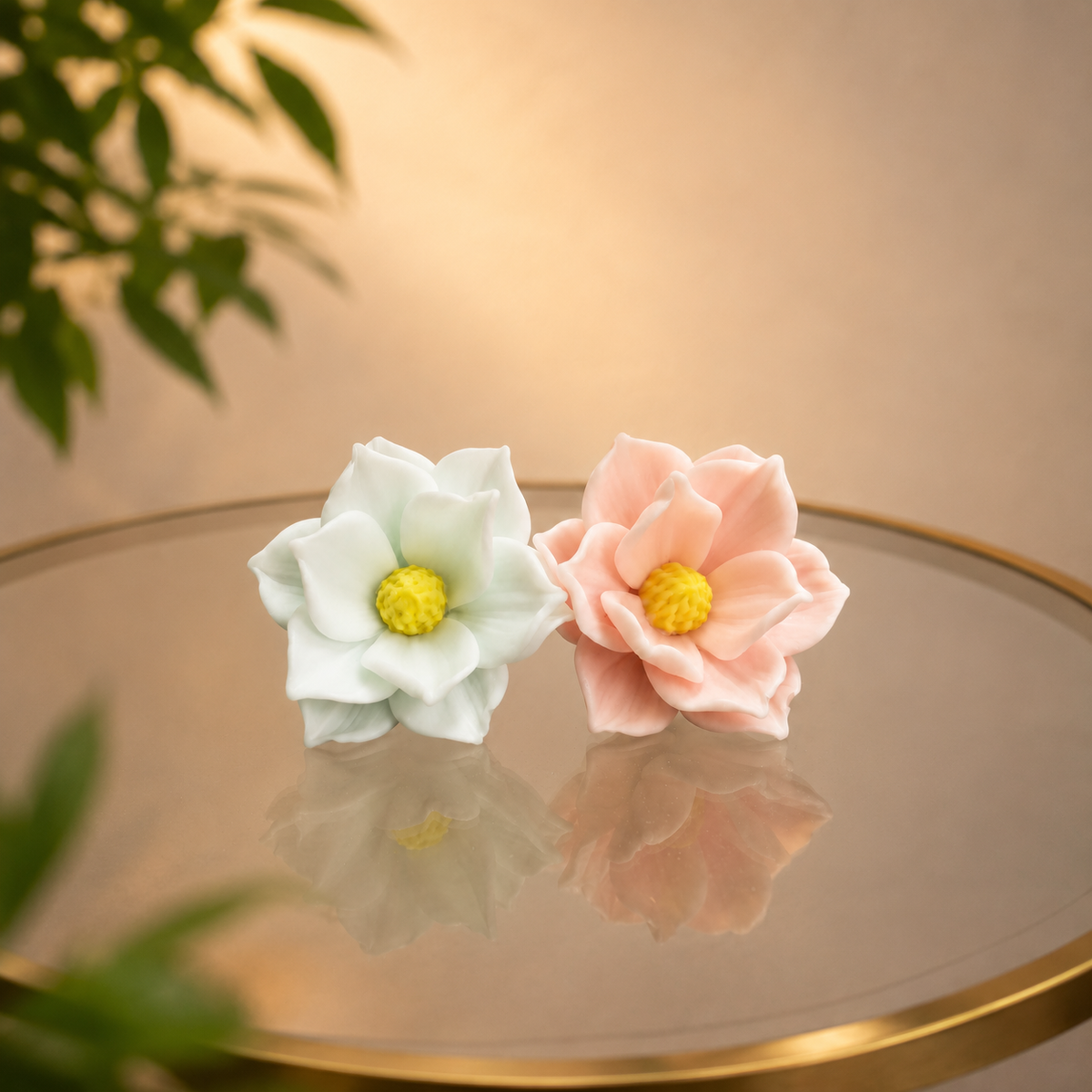 Drei gegossene Blüten aus der 3D-Silikonform Blume Magnolia auf einem Glastisch
