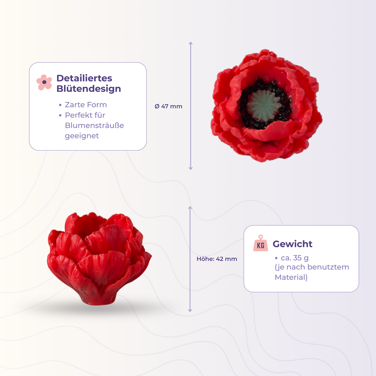 Mohnblume 6 mittel aus der 3D-Silikonform – Maße und Gewicht des Gießlings