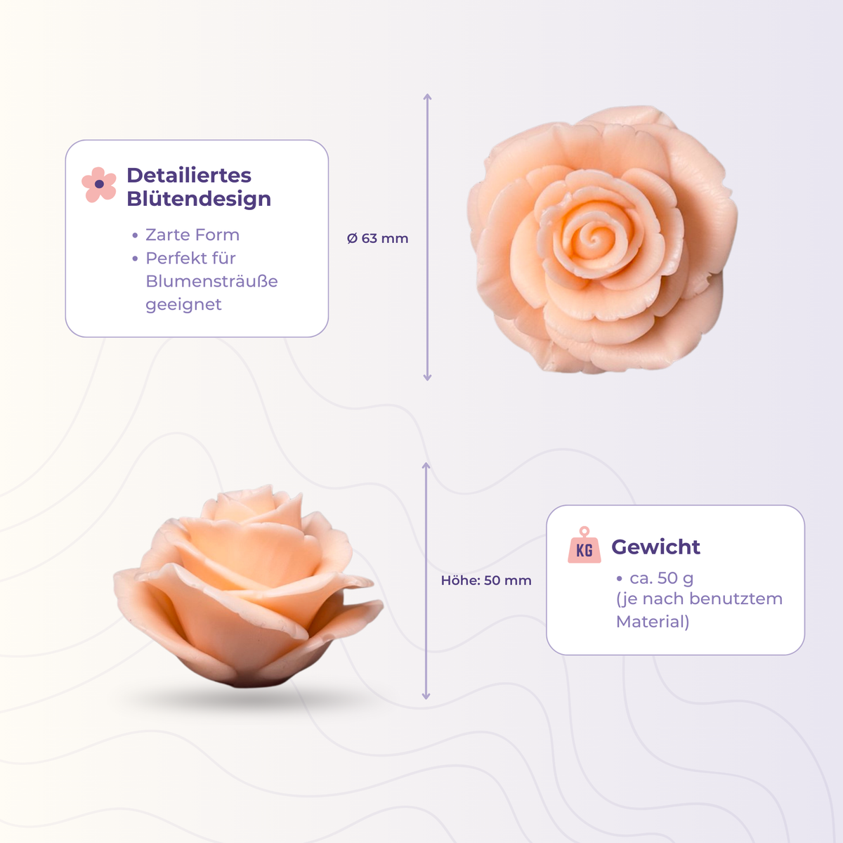 Rose 12 aus der 3D-Silikonform – Maße und Gewicht des Gießlings