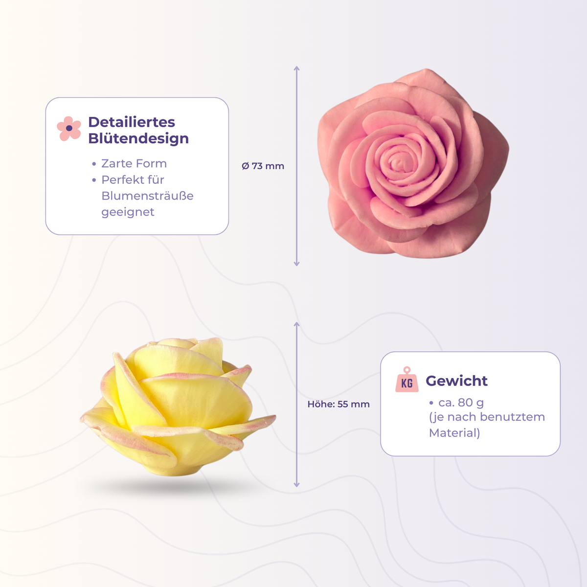 Rose 14 aus der 3D-Silikonform – Maße und Gewicht des Gießlings