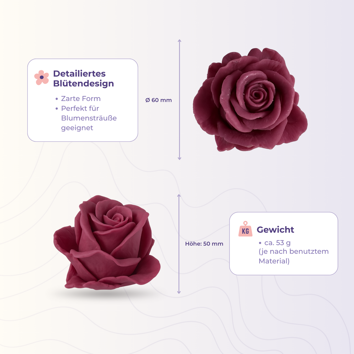 Rose 17 aus der 3D-Silikonform – Maße und Gewicht des Gießlings