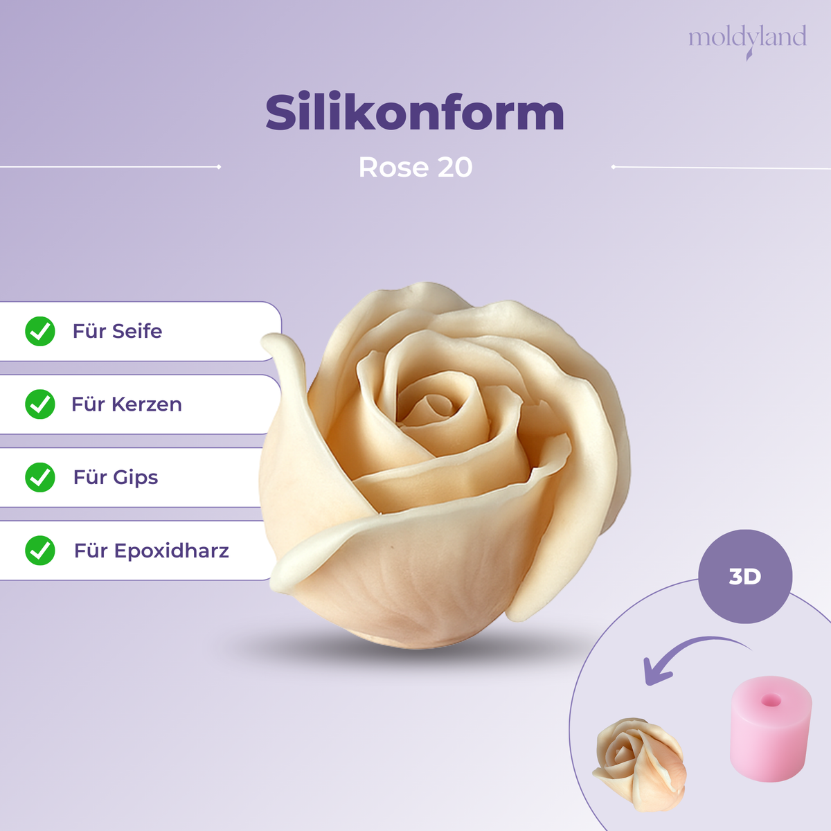 3D-Silikonform Rose 20 – Gießform für Seife, Kerzen, Gips und Harz