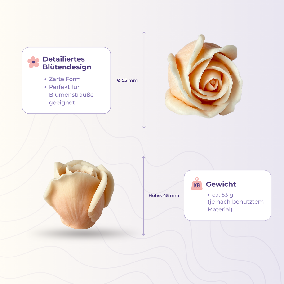 Rose 20 aus der 3D-Silikonform – Maße und Gewicht des Gießlings