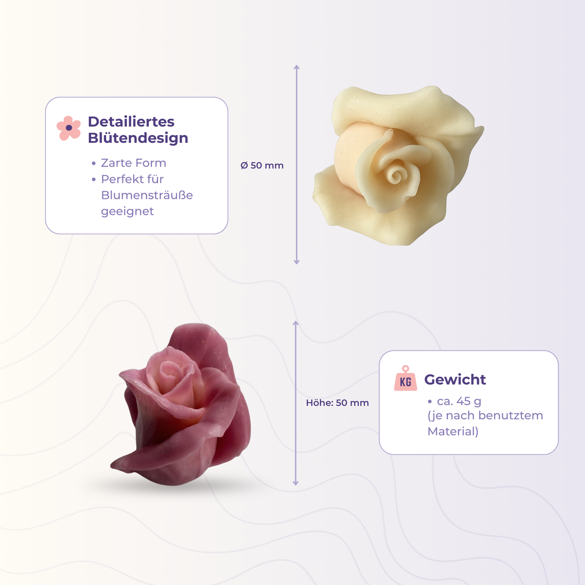 Rose 21 aus der 3D-Silikonform – Maße und Gewicht des Gießlings
