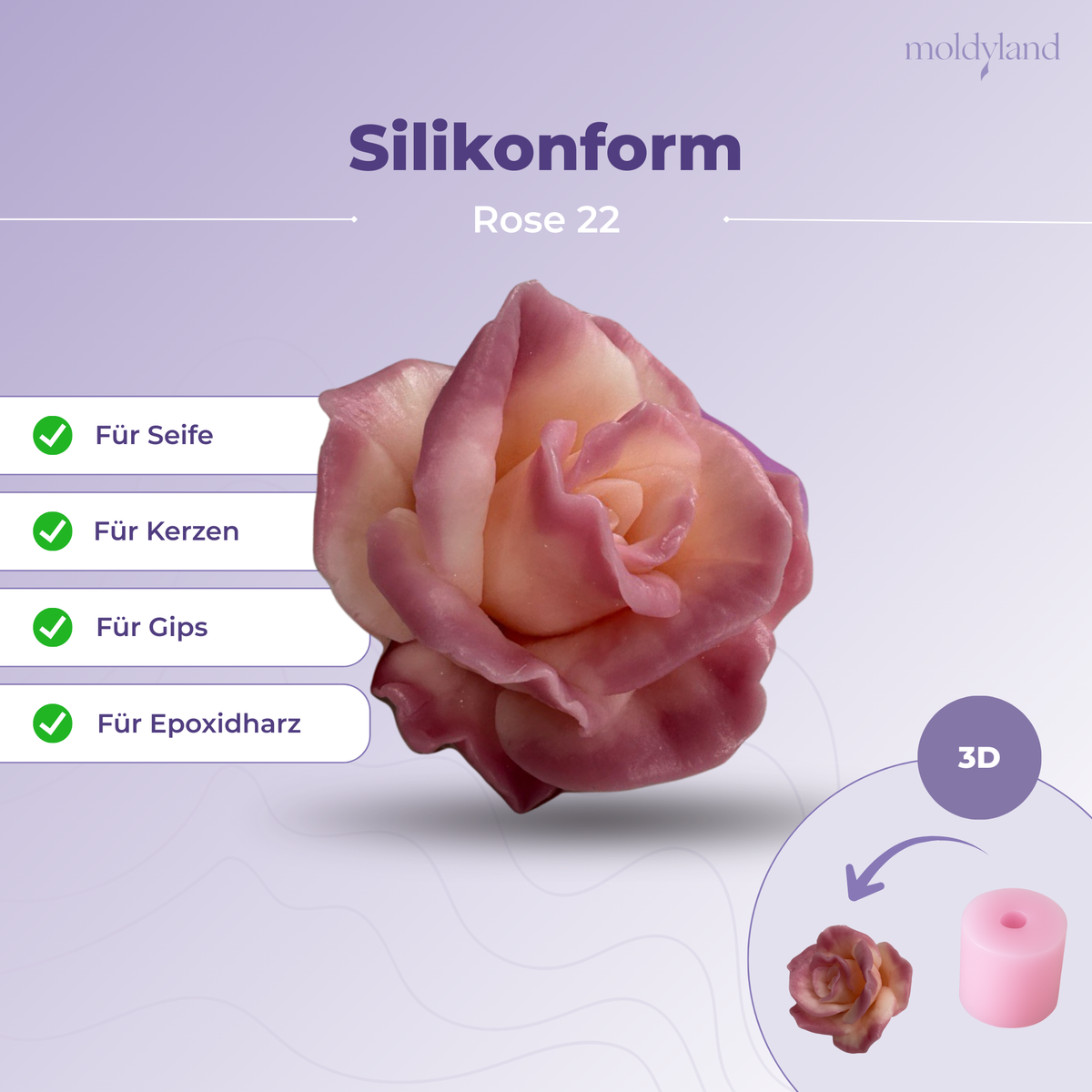 3D-Silikonform Rose 22 – Gießform für Seife, Kerzen, Gips und Harz