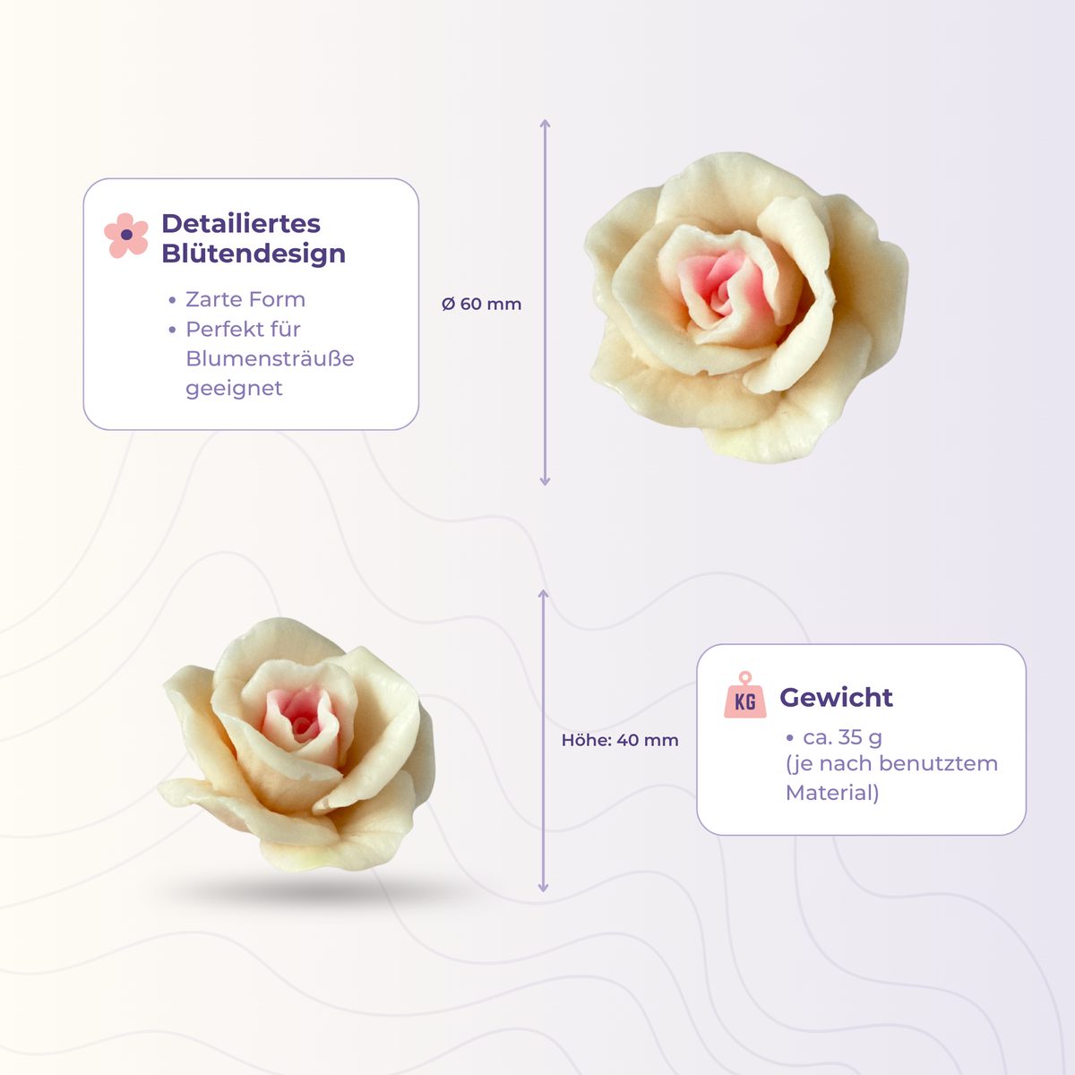 Rose 22 aus der 3D-Silikonform – Maße und Gewicht des Gießlings