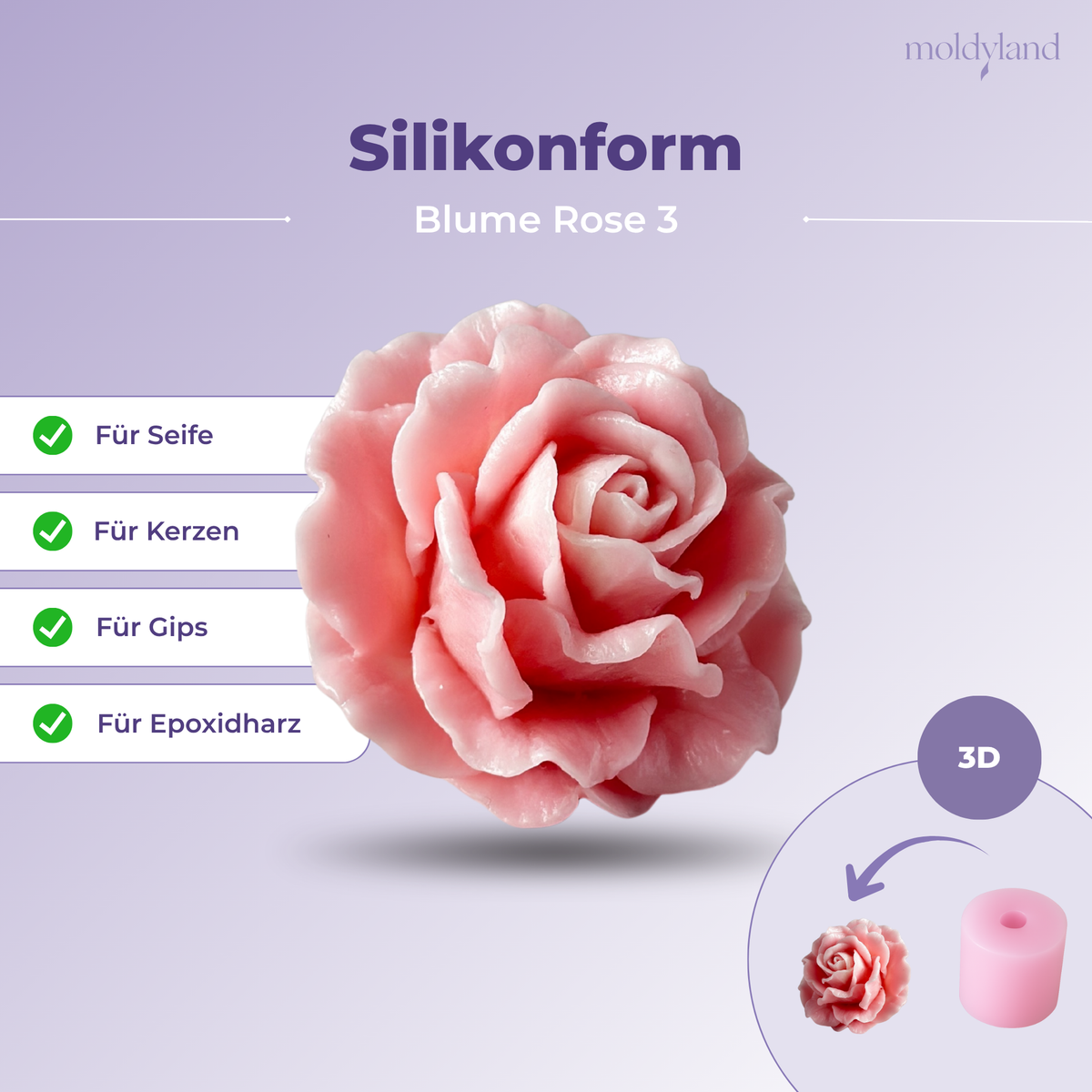 3D-Silikonform Rose 3 – Gießform für Seife, Kerzen, Gips und Harz