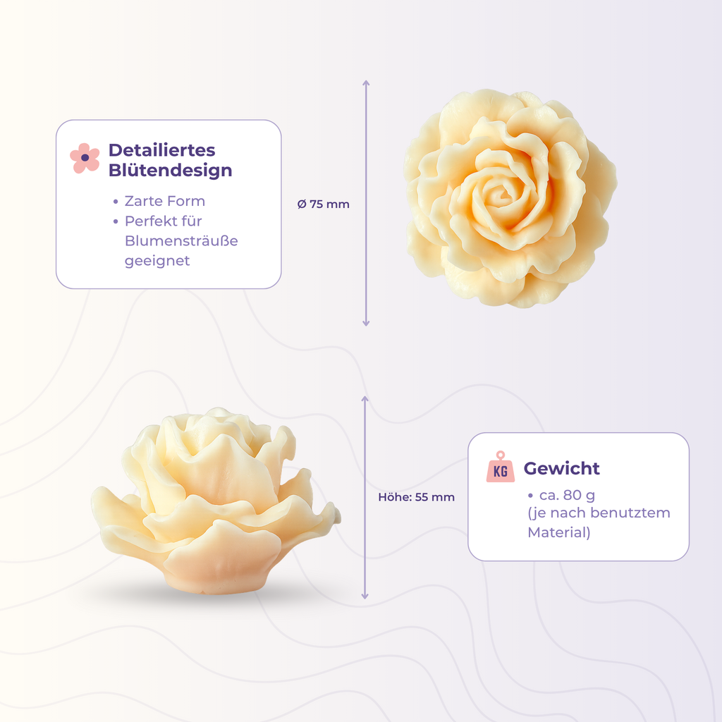 Rose 3 aus der 3D-Silikonform – Maße und Gewicht des Gießlings