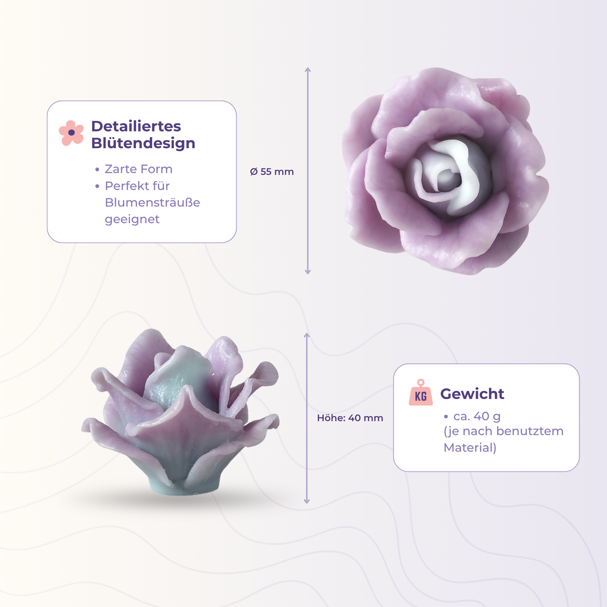 Rose 6 aus der 3D-Silikonform – Maße und Gewicht des Gießlings